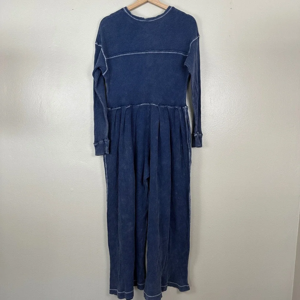 Free People Women's M Thermal Jumpsuit Blue Waffle Knit Wide Leg Long Sleeve